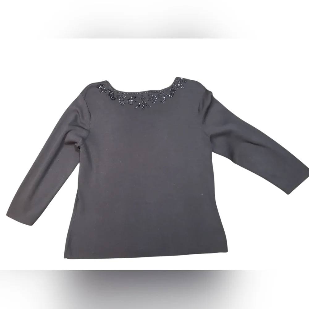 Black Long Sleeve Silk Blend Top with Beaded Detail